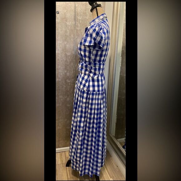 Liliana Meza Blue and White Plaid belted Midi Dress, S - Picture 2 of 11